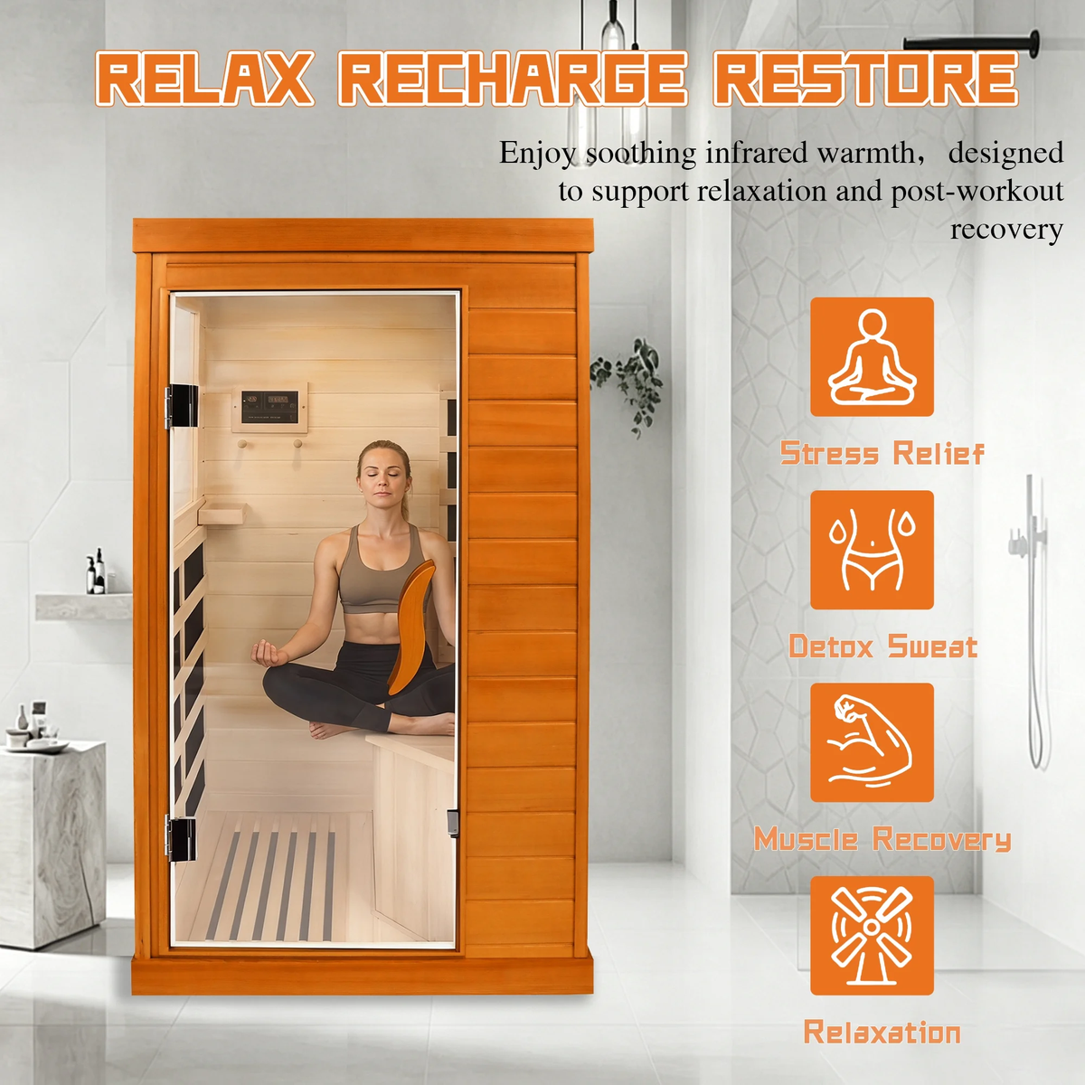 1 Person Far Infrared Sauna for Home, 800W Indoor Personal Sauna with 5 Heating Panels, Bluetooth Speaker, Tempered Glass Door, Control Panel, 110V UL Power Cord (Red-Brown)
