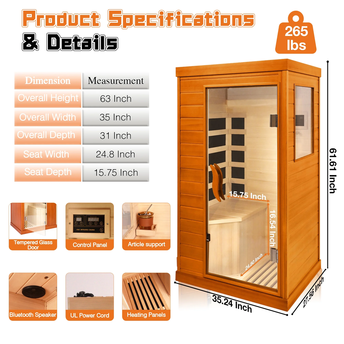 1 Person Far Infrared Sauna for Home, 800W Indoor Personal Sauna with 5 Heating Panels, Bluetooth Speaker, Tempered Glass Door, Control Panel, 110V UL Power Cord (Red-Brown)