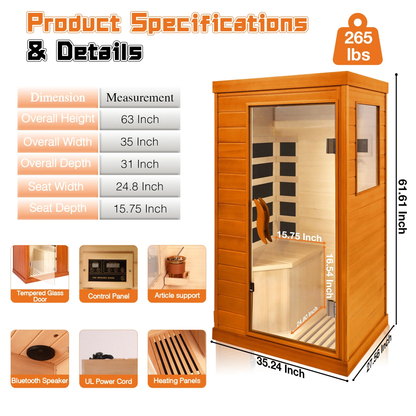 1 Person Far Infrared Sauna for Home, 800W Indoor Personal Sauna with 5 Heating Panels, Bluetooth Speaker, Tempered Glass Door, Control Panel, 110V UL Power Cord (Red-Brown)