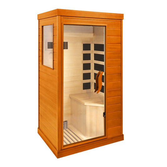 1 Person Far Infrared Sauna for Home, 800W Indoor Personal Sauna with 5 Heating Panels, Bluetooth Speaker, Tempered Glass Door, Control Panel, 110V UL Power Cord (Red-Brown)